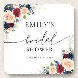 Burgundy and Navy Bridal Shower beverage coaster