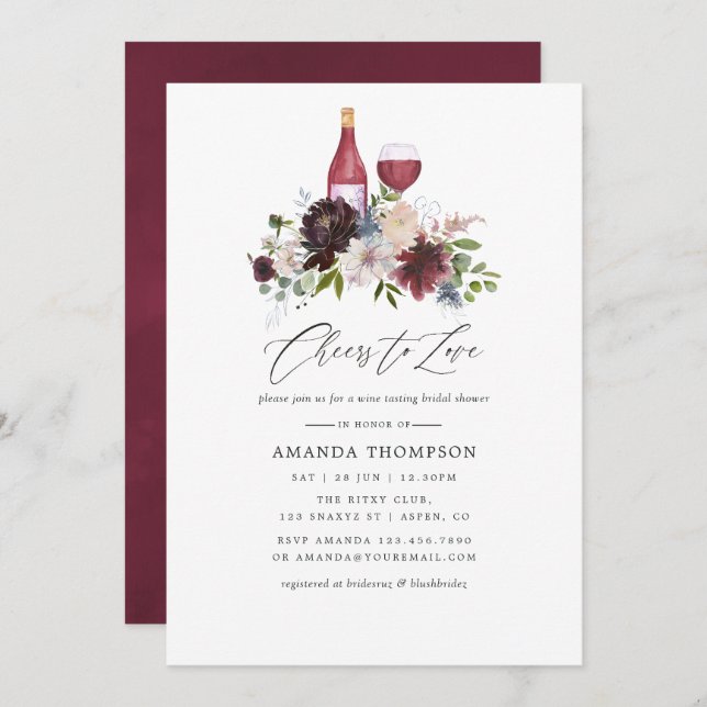 Burgundy and Navy Bridal Shower Wine Tasting Invitation (Front/Back)