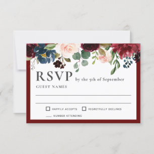 Burgundy and Navy Elegant Floral Wedding RSVP