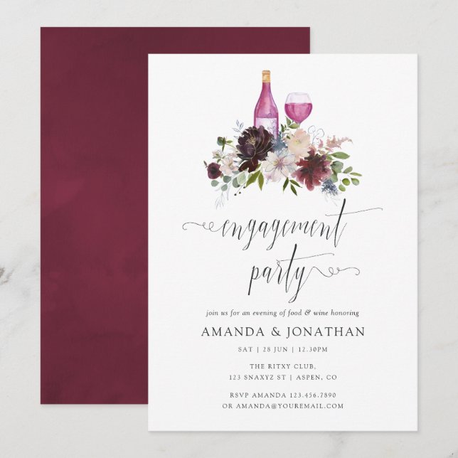 Burgundy and Navy Engagement Party Wine Tasting Invitation (Front/Back)