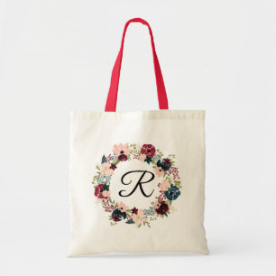 Burgundy and navy floral boho personalzied gift tote bag