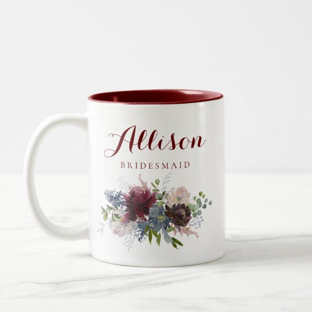 Burgundy and Navy Floral Bridesmaid Two-Tone Coffee Mug (Left)