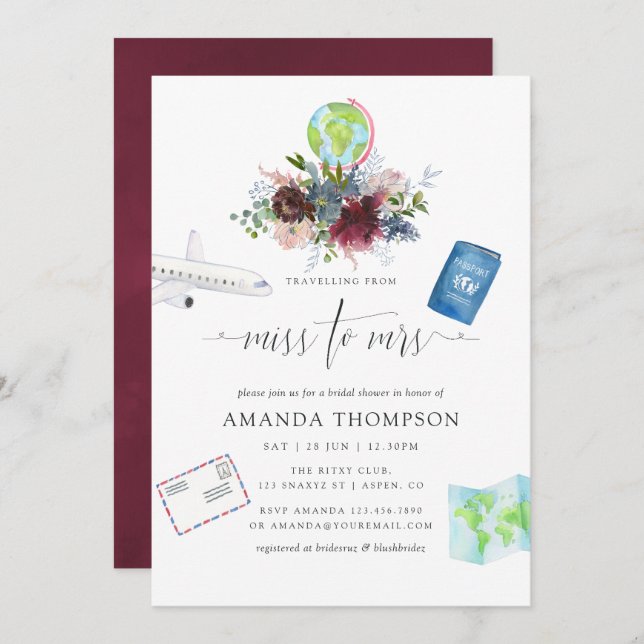 Burgundy and Navy Floral Miss To Mrs Bridal Shower Invitation (Front/Back)
