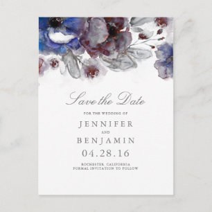 Burgundy and Navy Floral Save the Date Announcement Postcard