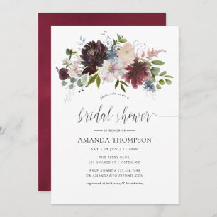 Burgundy and Navy Floral watercolor Bridal Shower Invitation