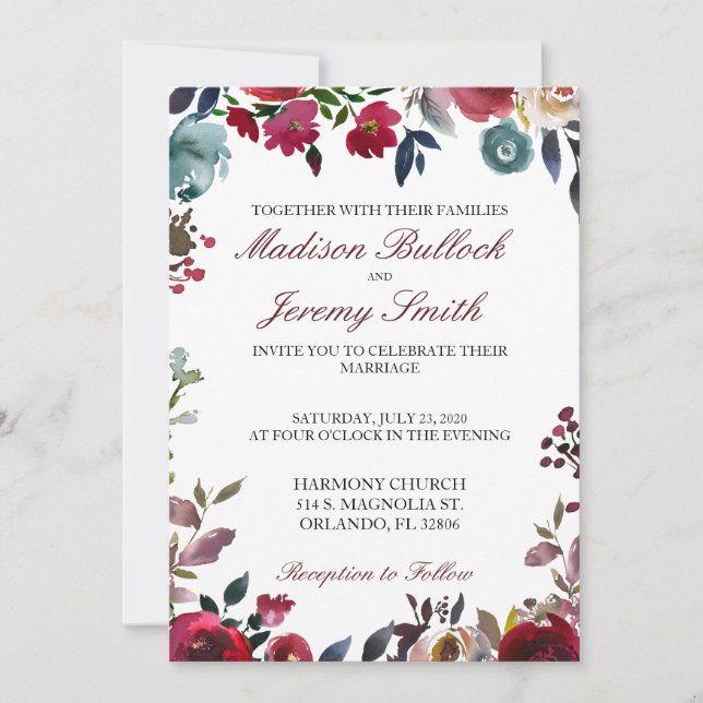 Burgundy and Navy Floral Wedding Invitation (Front)
