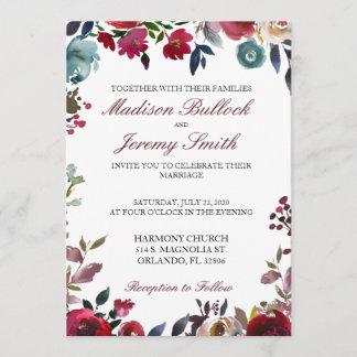 Burgundy and Navy Floral Wedding Invitation
