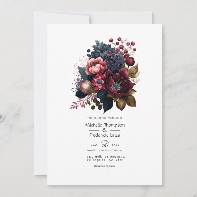 Burgundy and Navy Floral Wedding Invitation (Front)