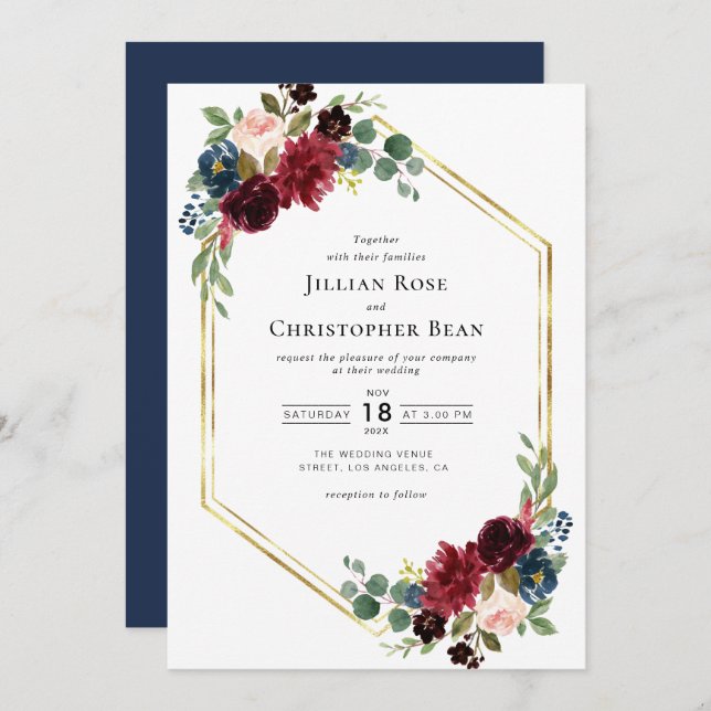 Burgundy and navy floral wedding invitation (Front/Back)