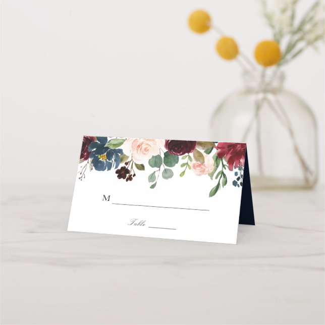 burgundy and navy floral wedding place card (Front)
