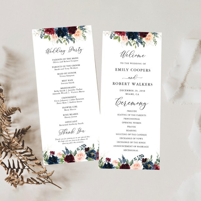 Burgundy and Navy Floral Wedding Program (Creator Uploaded)