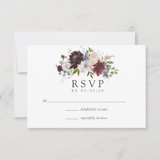 Burgundy and Navy Floral Wedding RSVP Card (Front)