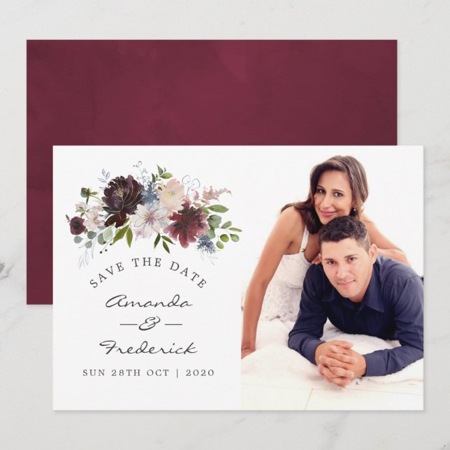 Burgundy and Navy Floral Wedding Save the Date Invitation (Front/Back)