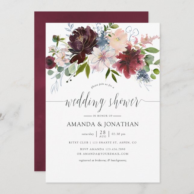 Burgundy and Navy Floral Wedding Shower Invitation (Front/Back)