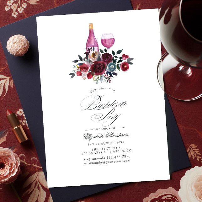 Burgundy and Navy Floral Wine Bachelorette Party Invitation (Burgundy and Navy Floral Wine Bachelorette Party Invitation)