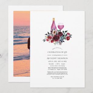 Burgundy and Navy Floral Wine Celebration of Life Invitation