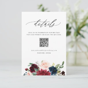 Burgundy and Navy Flowers QR Code Wedding Details Enclosure Card