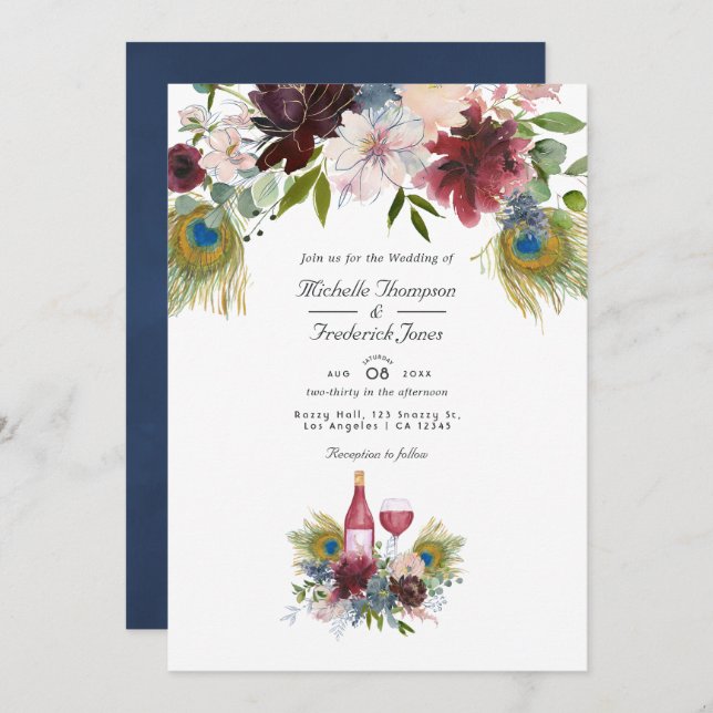 Burgundy and Navy Peacock Wine Tasting Wedding Invitation (Front/Back)