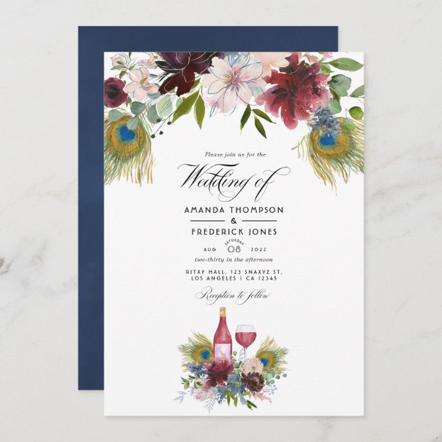 Burgundy and Navy Peacock Wine Themed Wedding Invi Invitation (Front/Back)