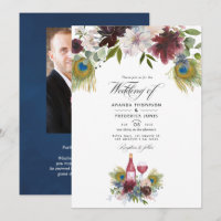 Burgundy and Navy Peacock Wine Themed Wedding Invi