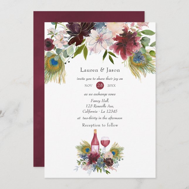 Burgundy and Navy Peacock Wine Themed Wedding Invitation (Front/Back)