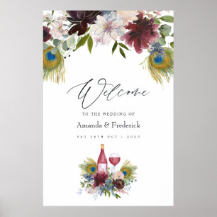 Burgundy and Navy Peacock Wine Themed Wedding Poster