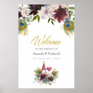 Burgundy and Navy Peacock Wine Themed Wedding Poster