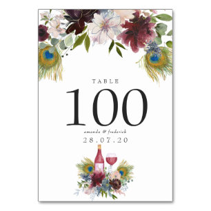 Burgundy and Navy Peacock Wine Themed Wedding Table Number