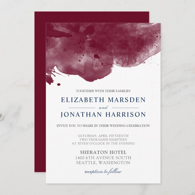 Burgundy and Navy Watercolor Modern Wedding Invitation (Front/Back)