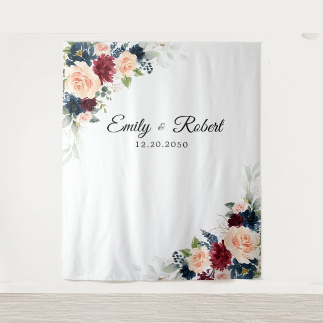 Burgundy and Navy Wedding Ceremony Backdrop Tapestry (Front)