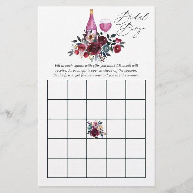 Burgundy and Navy Wine Tasting Bridal Shower Bingo (Front)