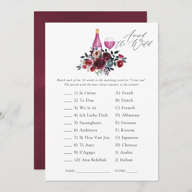 Burgundy and Navy Wine Tasting Bridal Shower Game Invitation (Front/Back)