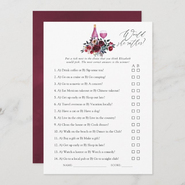 Burgundy and Navy Wine Tasting Bridal Shower Game Invitation (Front/Back)