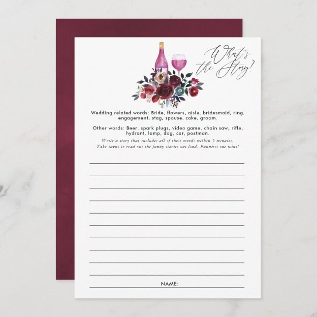 Burgundy and Navy Wine Tasting Bridal Shower Game Invitation (Front/Back)