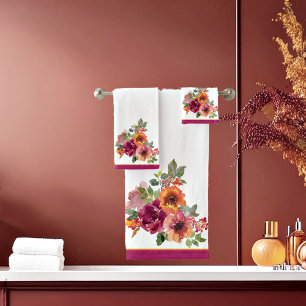 Burgundy and orange fall watercolor flowers  bath towel set