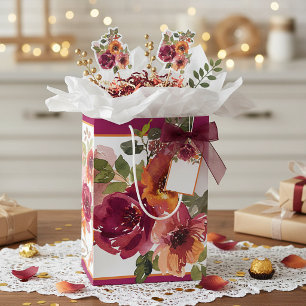 Burgundy and orange fall watercolor flowers medium gift bag