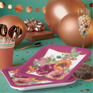 Burgundy and orange fall watercolor flowers paper plate