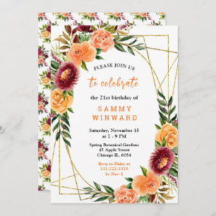 Burgundy and Orange Flowers Birthday Invitation