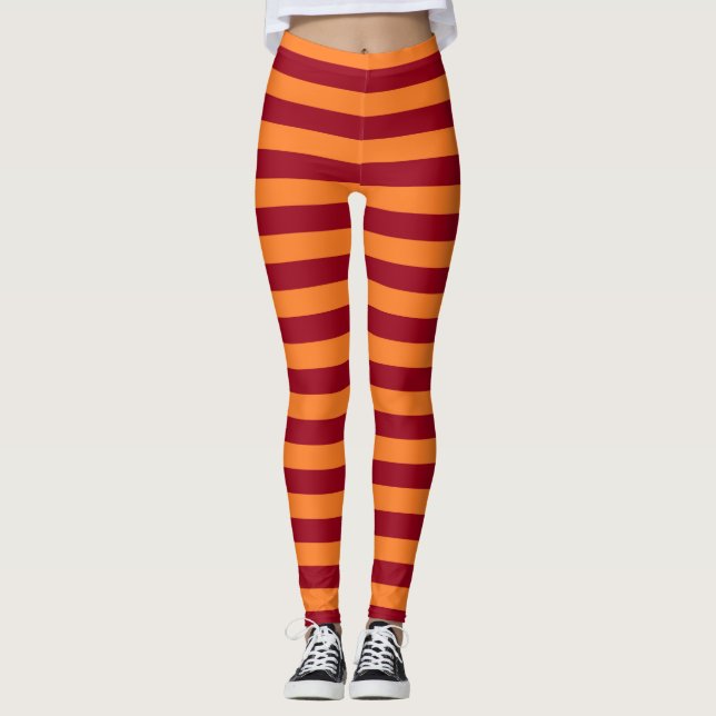 Burgundy and Orange Stripes Leggings (Front)