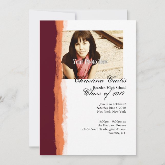 Burgundy and Orange Torn Paper Graduation Invitation (Front)