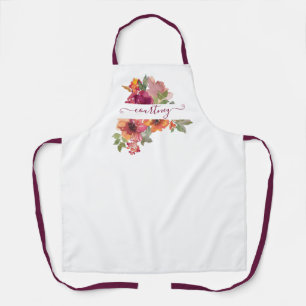 Burgundy and orange watercolor floral personalised apron