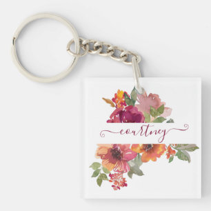 Burgundy and orange watercolor floral personalised key ring