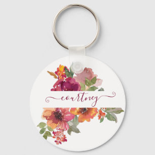 Burgundy and orange watercolor floral personalised key ring