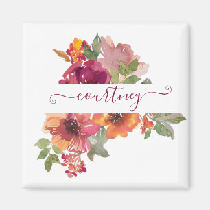 Burgundy and orange watercolor floral personalised magnet