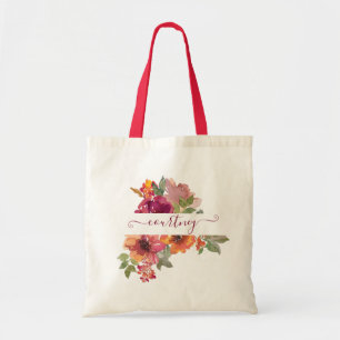 Burgundy and orange watercolor floral personalised tote bag