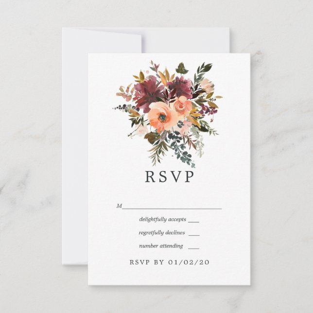 Burgundy and Peach Floral Geometric Wedding RSVP Card (Front)