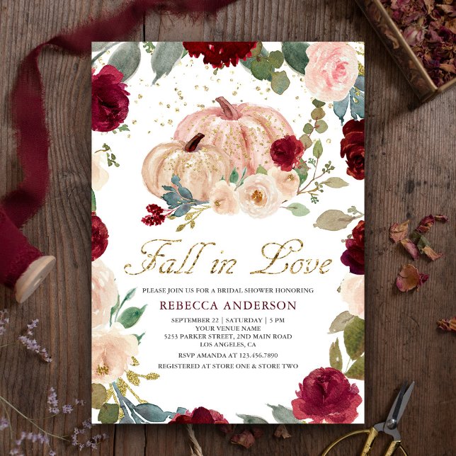 Burgundy and Peach Floral Pumpkin Bridal Shower Invitation (Creator Uploaded)