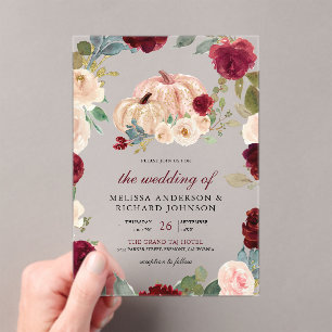 Burgundy and Peach Floral Pumpkin Wedding Acrylic Invitations
