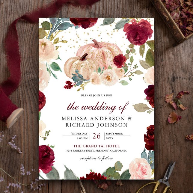 Burgundy and Peach Floral Pumpkin Wedding Invitation (Creator Uploaded)