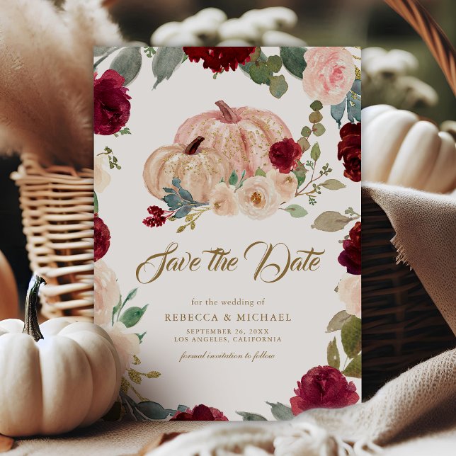 Burgundy and Peach Floral Pumpkin Wedding Save The Date (Creator Uploaded)